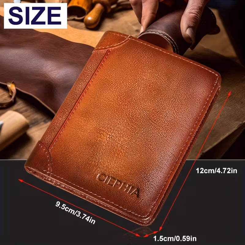 Slim Trifold RFID Leather Wallet - Father's Day Gifts for Men: Genuine Top Layer Cowhide Card Holder & Money Clip 2 A vintage brown CIEPHIA trifold RFID Leather Wallet for Father's Day Gifts, shown with dimensions of 12cm height, 9.5cm width, and a slim 1.5cm profile.