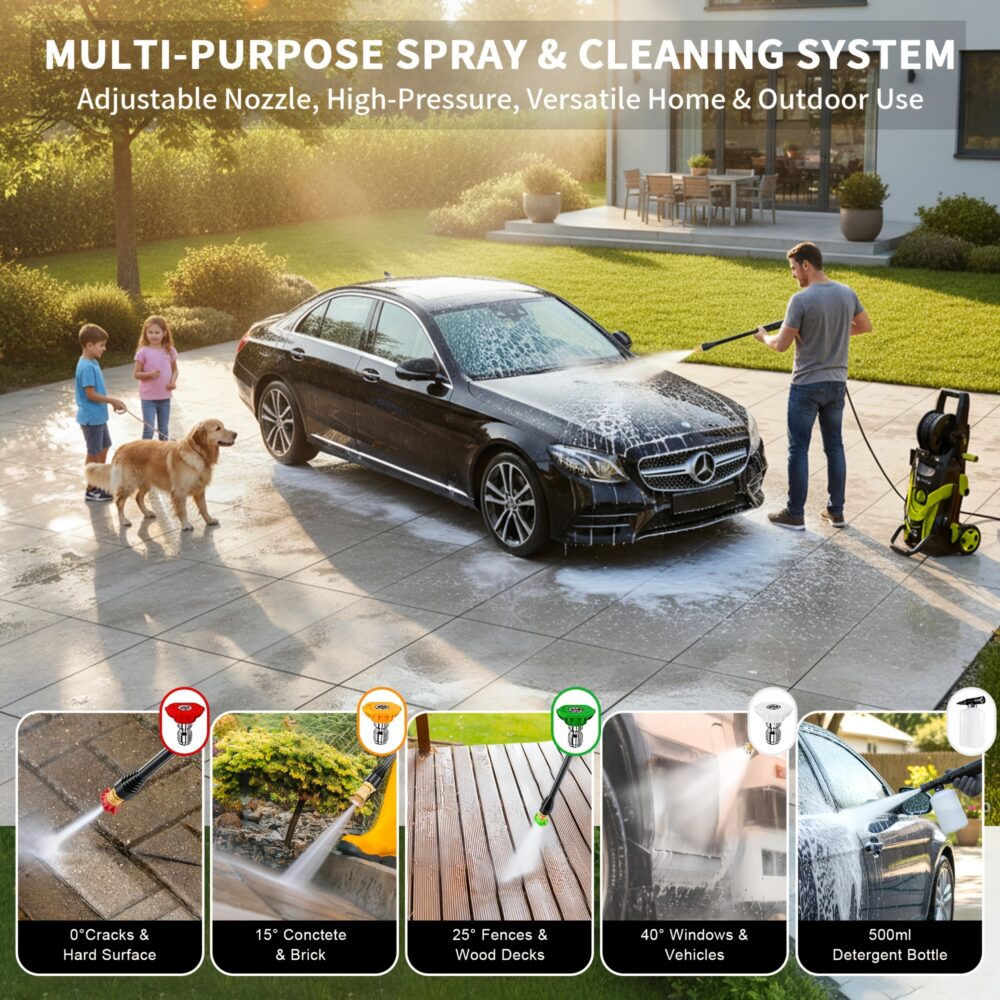 Advanced 4500 PSI Electric Pressure Power Washer featuring High-Compliance Quick-Connect Logic for Professional Car, Fence, and Patio Maintenance 6 A high-resolution lifestyle and technical infographic for an Electric Pressure Power Washer. The primary image shows a man washing a black luxury sedan in a paved driveway. Lower panels illustrate five specific use-cases: $0^{\circ}$ for hard surfaces, $15^{\circ}$ for concrete, $25^{\circ}$ for wood decks, $40^{\circ}$ for windows, and a 500ml detergent bottle for foam application.