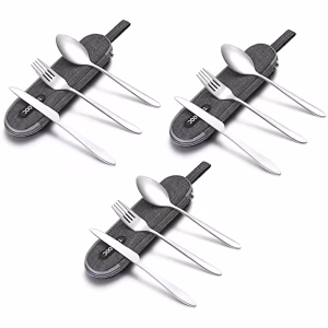 A high-volume product layout featuring the 3 sets sliver Travel Utensils Reusable Silverware Set, strictly following the softening logic shown in image_131.png. Each set of sliver-finish cutlery is organized into one of three rugged, waterproof cases: black, dark green, and light beige.