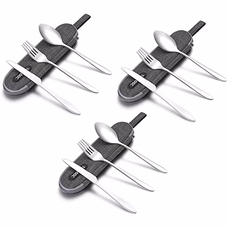 reliable Unyielding Travel Utensils Reusable Silverware Set: Professional-Grade Stainless Steel Cutlery in a Weatherproof Armor Case 22 A high-volume product layout featuring the 3 sets sliver Travel Utensils Reusable Silverware Set, strictly following the softening logic shown in image_131.png. Each set of sliver-finish cutlery is organized into one of three rugged, waterproof cases: black, dark green, and light beige.