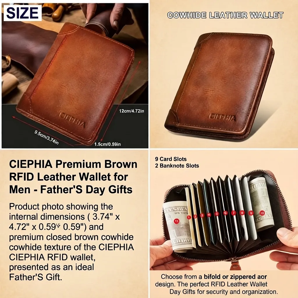 Slim Trifold RFID Leather Wallet - Father's Day Gifts for Men: Genuine Top Layer Cowhide Card Holder & Money Clip 21 An open zippered accordion-style RFID Leather Wallet for Father's Day Gifts