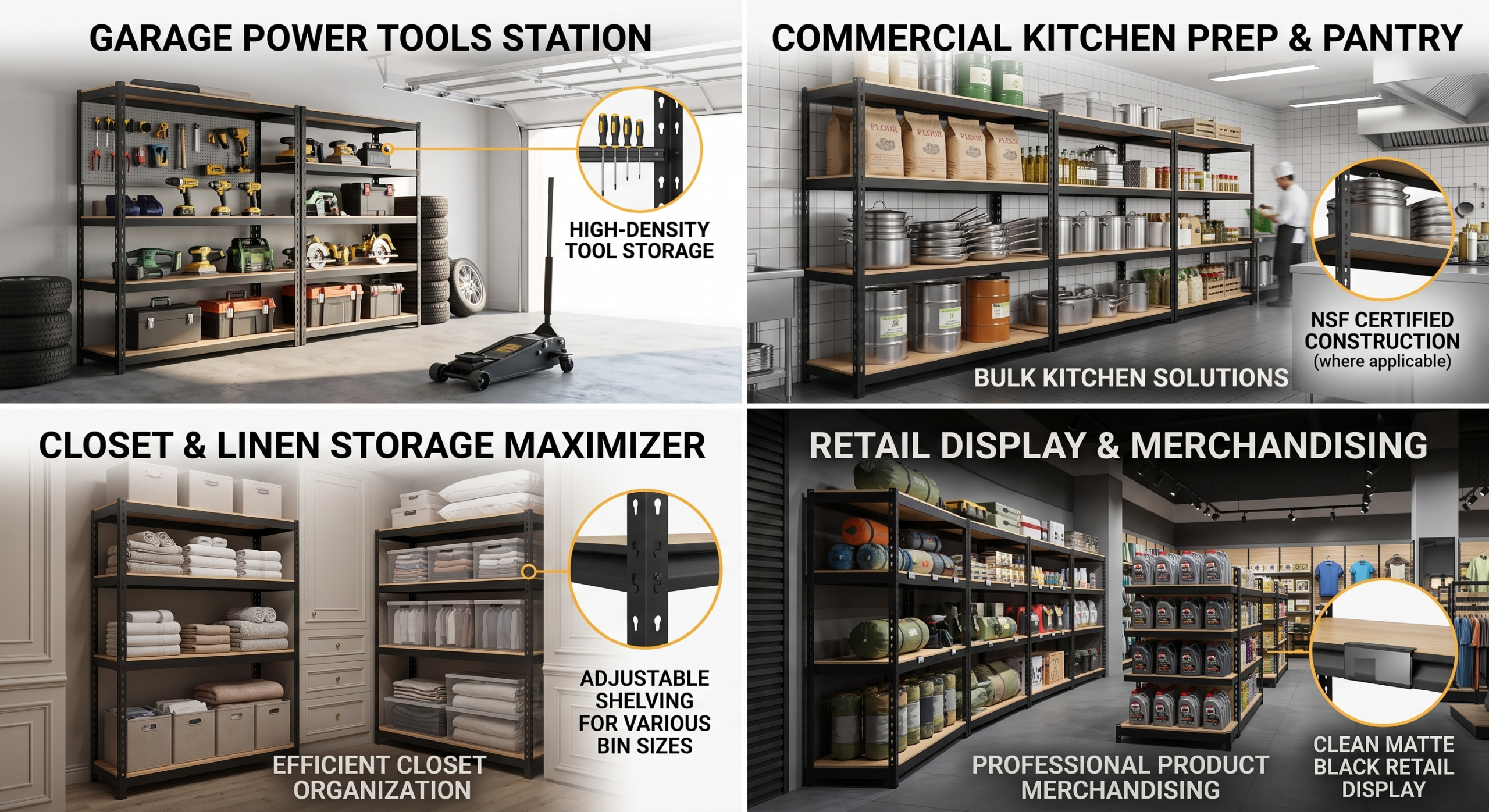 practical Heavy Duty 5 Tier 2000Lbs Metal Shelving Units | 60"H Freestanding Matte Adjustable Shelving For Garage, Basement, Pantry, Closet | Utility Storage Rack For Warehouse Items, Utility Shelves 5 A detailed collage showcasing the 5 Tier 2000Lbs Metal Shelving Units with specific callouts for high density tool storage, NSF certified construction for kitchens, bin size adjustability, and retail display compatibility.