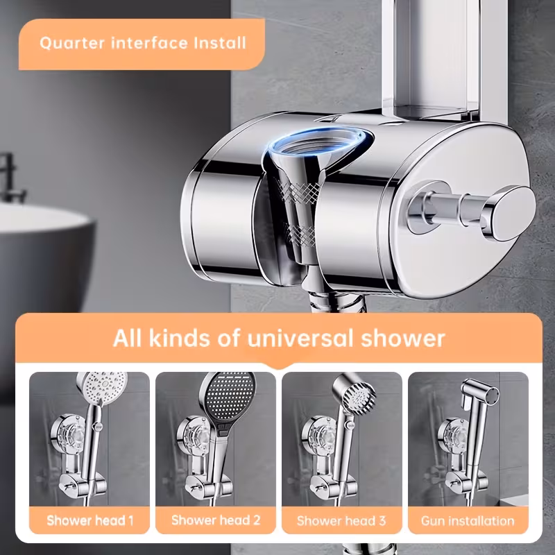 A professional technical graphic showcasing the universal compatibility of the Shower System with a Rudder-Shaped mounting bracket. The primary panel features a close-up of the "Quarter interface Install" cradle in high-polish silvery chrome, highlighted with a blue glow to indicate the standardized fitting. A lower gallery titled "All kinds of universal shower" demonstrates the hardware supporting four distinct assets: three different ergonomic shower head designs and a high-pressure "Gun installation" cleaning wand. The rudder-shaped vacuum dial is visible in the background of each inset, emphasizing the foundational structural support across all configurations.