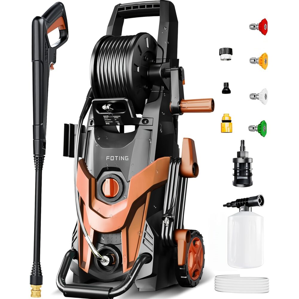 Advanced 4500 PSI Electric Pressure Power Washer featuring High-Compliance Quick-Connect Logic for Professional Car, Fence, and Patio Maintenance 7 red color A professional product visual of a copper-orange and black Electric Pressure Power Washer system by FOTING. It features an upright design with a prominent top-mounted hose reel and large orange-rimmed wheels. Adjacent to it are the full attachment kit: a high-pressure spray gun and lance, a foam cannon, a water intake hose, an inlet filter, and five quick-connect nozzles in various colors (Red, Orange, White, Green, and Black).
