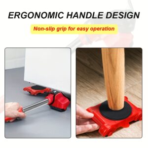 A professional product photograph of the red color moving tools with 360° rotating pads set against a white background. The kit features a robust iron pry bar lifter with a non-slip red ergonomic handle and a black metal lifting head. Included are four red high-impact plastic wheeled dollies, each topped with a black $360^\circ$ rotating anti-slip pad. Inset lifestyle graphics demonstrate the tool in action: one showing the pry bar elevating a large white appliance, and another showing a wooden furniture leg centered securely on the rotating pad of a red dolly. The focus is sharp on the industrial-grade material construction and the mechanical leverage points.