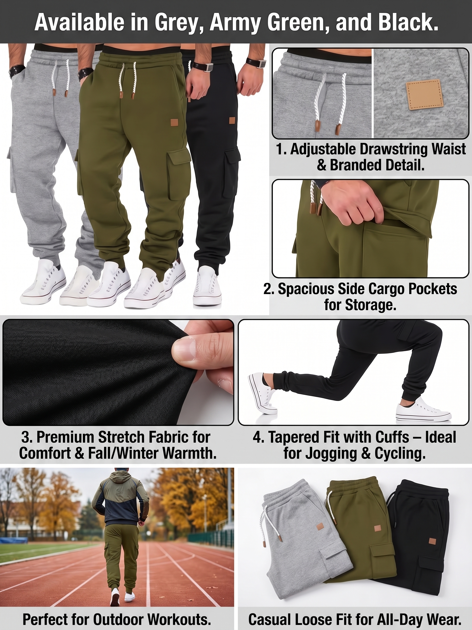 exclusive Men's Classic Tapered Joggers with Drawstring Waist - Casual Loose Fit, Stretch Fabric for Fall/Winter Workouts & Cycling, Jogging Outfit 23 Product breakdown infographic for mrali454534q2.jpg showcasing men wearing Tapered Joggers with Drawstring Waist in grey army green and black with closeups of the adjustable waistband side cargo pockets and ankle cuffs