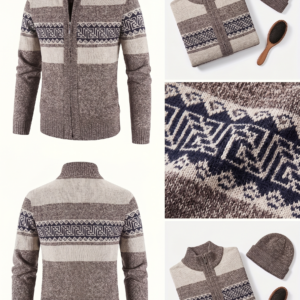 Front and back views of a Men's Sport Knit Sweater with Pockets in brown and beige on a mannequin, with an extreme close up of the pattern and a flat lay with a beanie and beard brush.