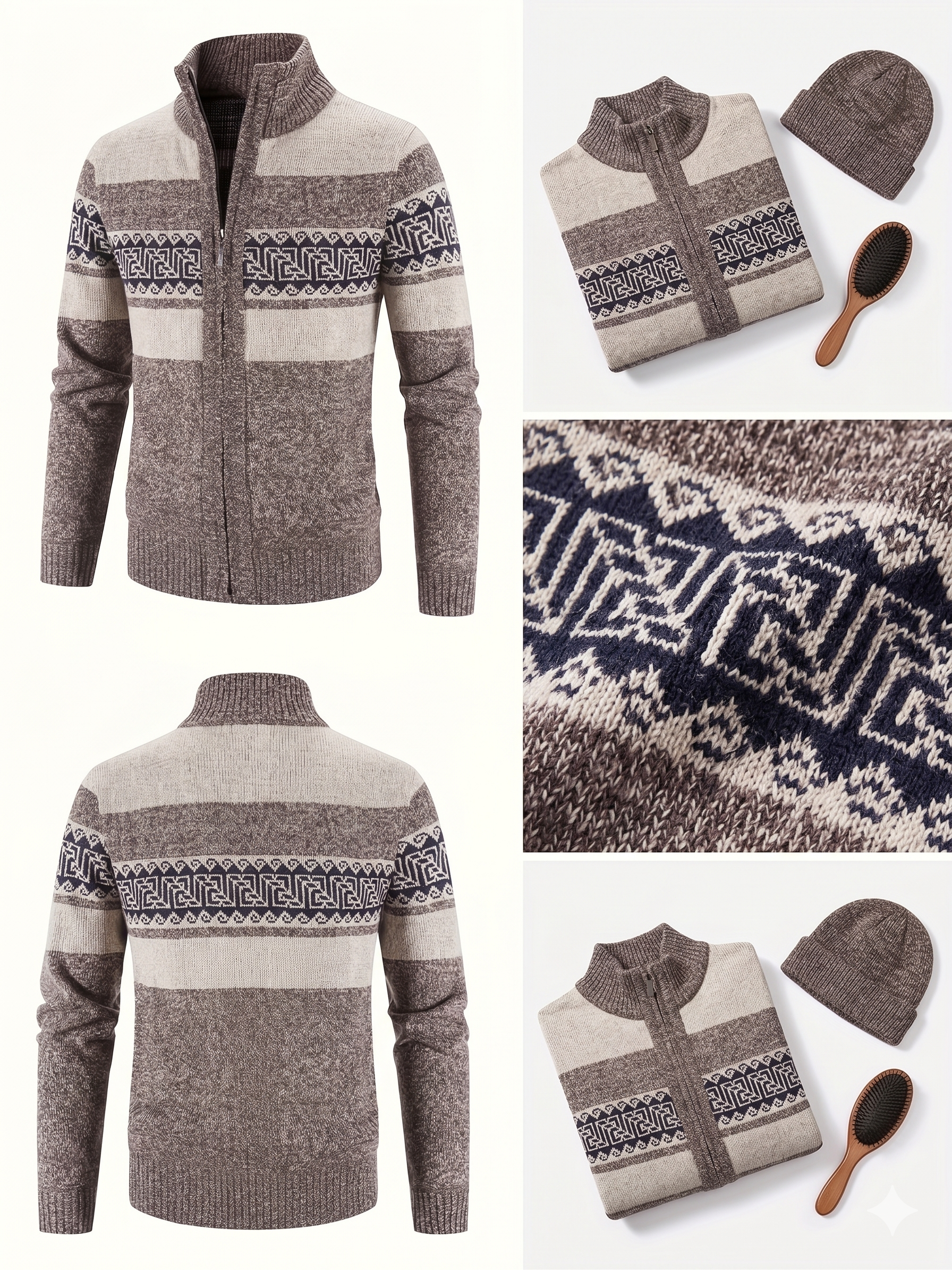 Men's Thermal Fleece-Lined Sport Knit Sweater with Pockets - Ethnic Wave Pattern, Stand Collar, Long Sleeve for Hiking, Cycling & Casual Winter Wear - Father’s Day Gift, Winter Knit Fabric 1 Front and back views of a Men's Sport Knit Sweater with Pockets in brown and beige on a mannequin, with an extreme close up of the pattern and a flat lay with a beanie and beard brush.