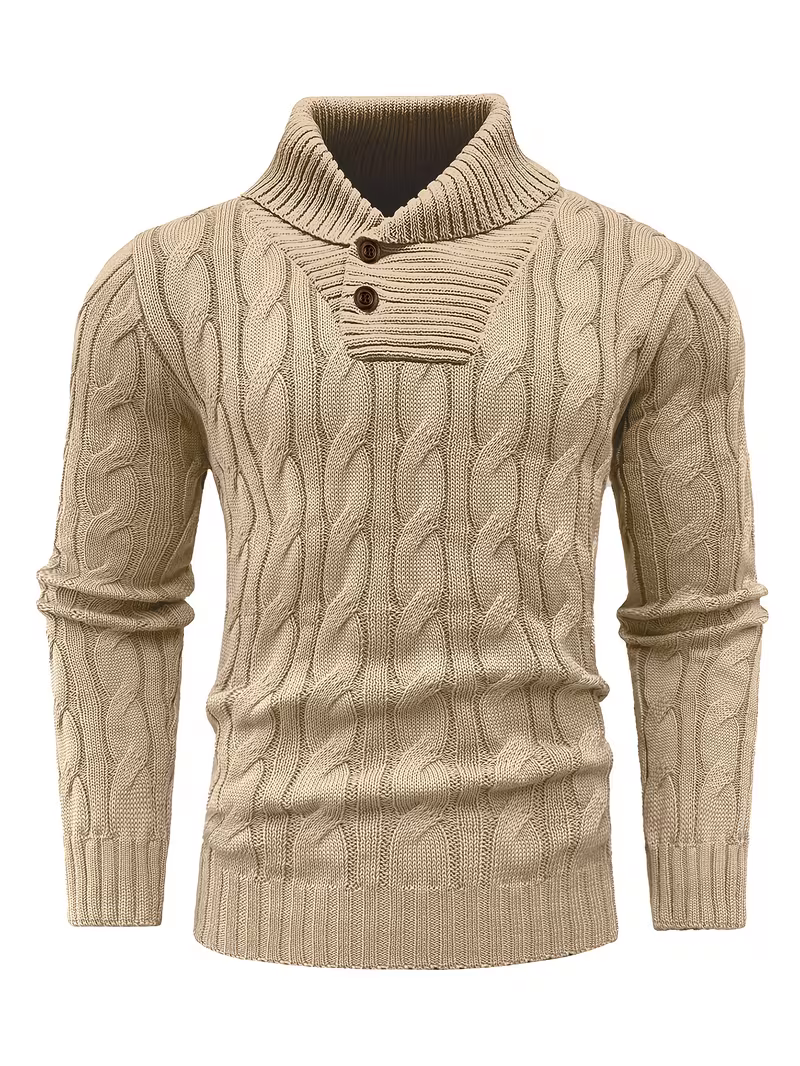 Men's Mature Business Sweater | Premium Merino-Style Lapel Knitwear | Sharp Professional Pullover for Executive Layering (Winter 2026) 51 A direct front-facing shot of the dark khaki color mature business sweater, showing the symmetrical design and two-button collar detail.