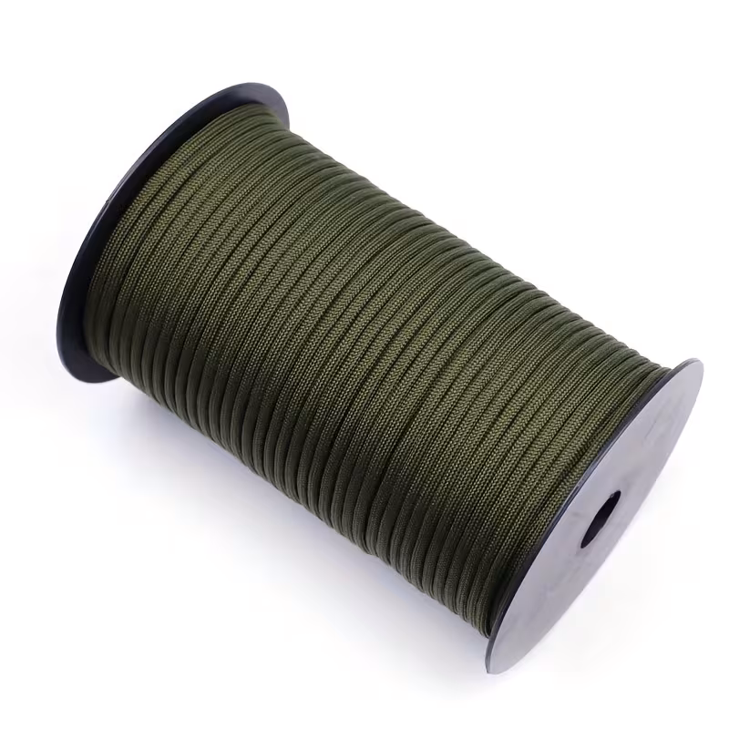 The Ultimate 164ft Roll of 9-Strand Rope 4mm: Heavy-Duty Utility Cord for Tents & Tarps 25 An angled product photograph showing a substantial Roll of 9-Strand Rope 4mm in an olive green color, wound on a black plastic spool against a plain white background.