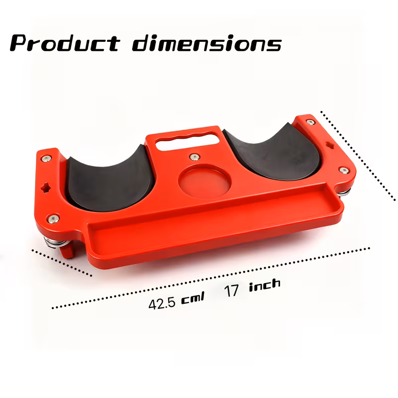 A Rolling Knee Board Platform with Wheels, Made of ABS Material, Featuring a Multifunctional Built-in Tool Tray and a Comfortable Cushion. Suitable for Mechanics, Carpenters, Flooring, and Automotive Repairs. Valentine's Day Gifts for Men 25 A product measurement diagram titled "Product dimensions" in large black letters, showing a bright red Rolling Knee Board Platform with Wheels from an angled view against a plain white background. It has two large, shaped black knee pads and a built-in tool tray and handle. Dotted black dimension lines with measurements are shown below the product: one for the maximum width measuring 42.5 cm or 17 inches. Another dotted line indicates the width of the main platform, which is smaller, but no specific number is listed for that segment. The wheels are attached below.