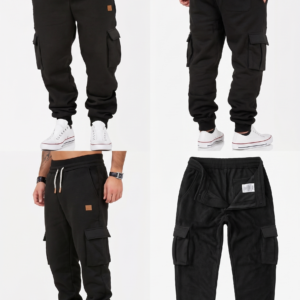 A detailed product view displaying four angles of black fleece Tapered Joggers with Drawstring Waist for men, featuring large cargo pockets, copper tipped drawstrings, a small leather patch, and a soft fleece interior, modeled with white sneakers on a light background.