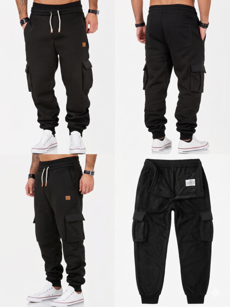 A detailed product view displaying four angles of black fleece Tapered Joggers with Drawstring Waist for men, featuring large cargo pockets, copper tipped drawstrings, a small leather patch, and a soft fleece interior, modeled with white sneakers on a light background.