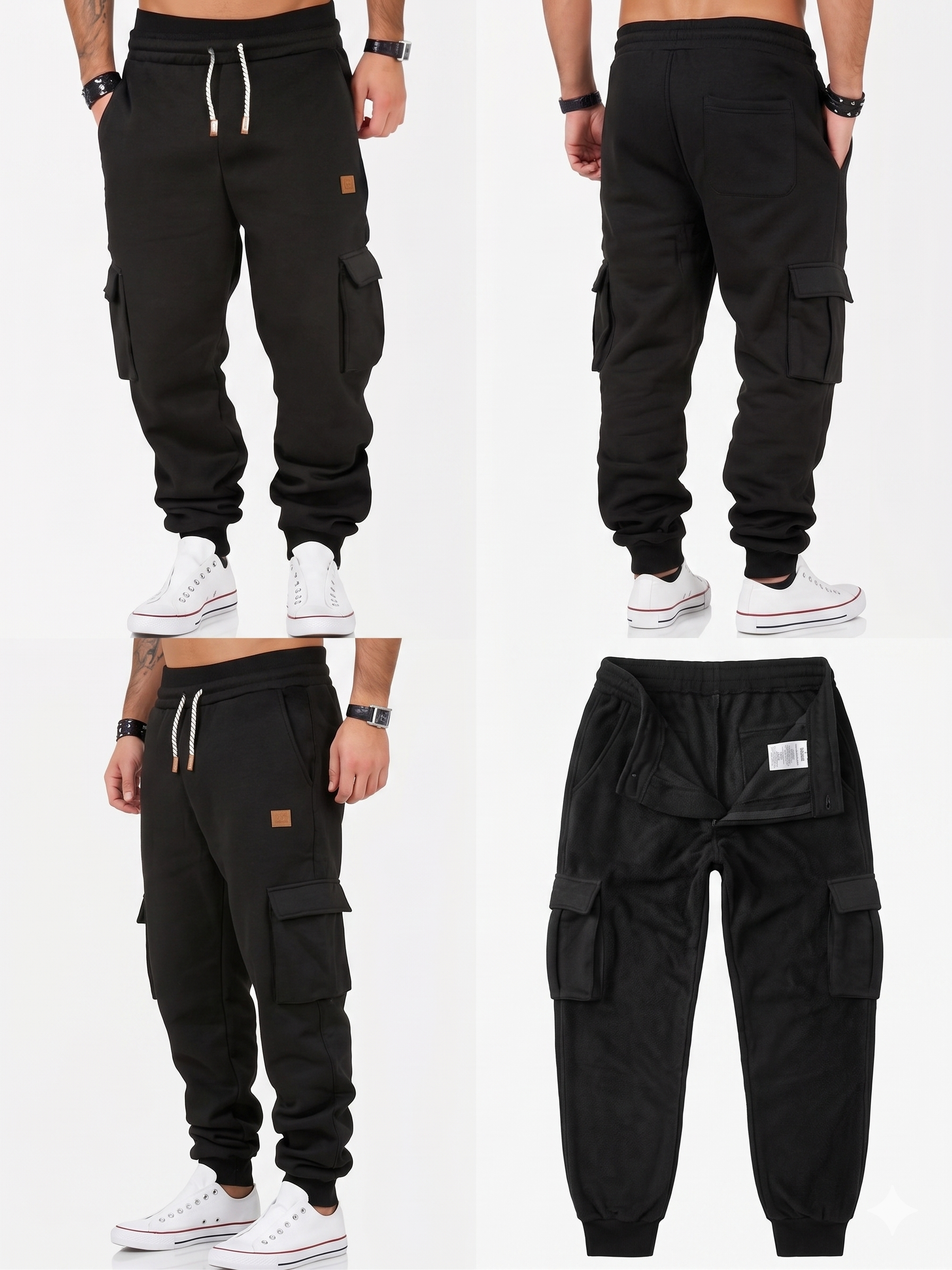 exclusive Men's Classic Tapered Joggers with Drawstring Waist - Casual Loose Fit, Stretch Fabric for Fall/Winter Workouts & Cycling, Jogging Outfit 1 A detailed product view displaying four angles of black fleece Tapered Joggers with Drawstring Waist for men, featuring large cargo pockets, copper tipped drawstrings, a small leather patch, and a soft fleece interior, modeled with white sneakers on a light background.
