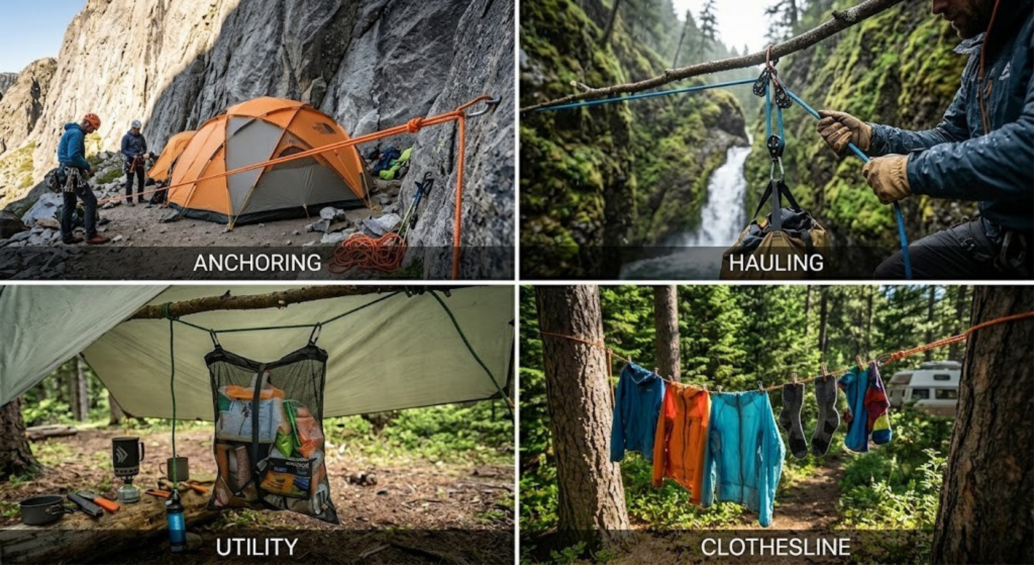 Camping Accessories Nylon Rope (10m) – The Essential Weather-Resistant Cord for Every Adventure 12 A four-panel instructional collage showcasing Camping Accessories Nylon Rope being used for "Anchoring" a mountain tent, "Hauling" gear over a waterfall with a pulley, "Utility" storage for food under a tarp, and as a "Clothesline" for drying gear between trees.