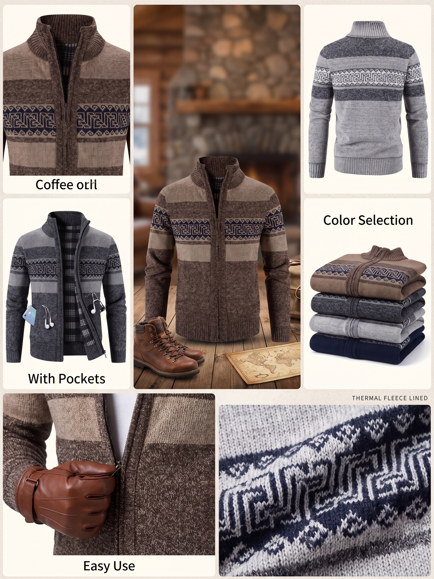 Men's Thermal Fleece-Lined Sport Knit Sweater with Pockets - Ethnic Wave Pattern, Stand Collar, Long Sleeve for Hiking, Cycling & Casual Winter Wear - Father’s Day Gift, Winter Knit Fabric 28 Multi panel function view of a Men's Sport Knit Sweater with Pockets, displaying front and back views, color selection stack, and showing hands wearing leather gloves for zipper use, and a smartphone tucked into a side pocket.