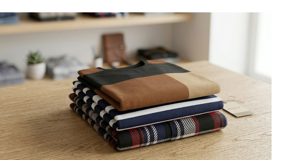 Trendy Men's T-Shirts 3pcs Men's Fashion Short-Sleeve T-Shirts | Color Block Design | Versatile Casual Round Neck Tops | Summer Comfortable Breathable Trendy Apparel 14 A neatly stacked trio of Men's T-Shirts 3pcs Men's Fashion Short-Sleeve on a light wood grain surface. The stack consists of a black and brown color-blocked shirt on top, a navy and white striped shirt in the middle, and a red plaid shirt at the bottom. A product tag is attached. In the blurred background, there are store shelves with more folded clothes and a potted plant.