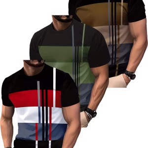 A vertical trio display of a muscular man wearing three distinct mixed color Men's T-Shirts 3pcs Men's Fashion Short-Sleeve. From top to bottom: brown/beige, green/blue, and red/white. Each shirt features a black base with horizontal and vertical color block and stripe patterns. The man has a beard, a watch, and his hands are in khaki pockets.