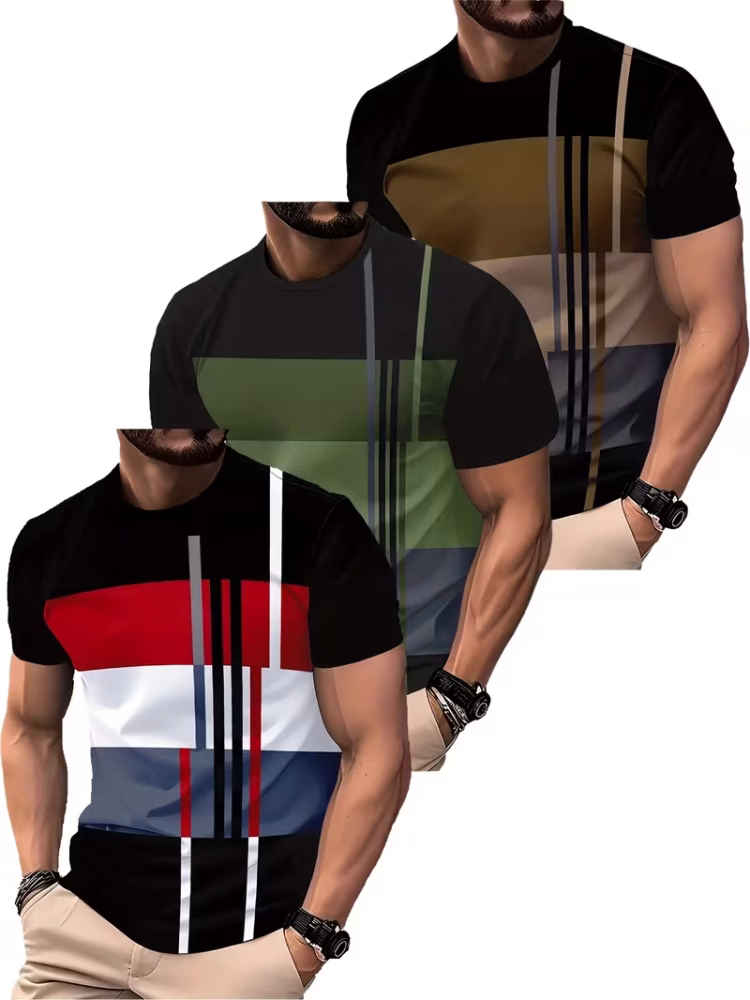 A vertical trio display of a muscular man wearing three distinct mixed color Men's T-Shirts 3pcs Men's Fashion Short-Sleeve. From top to bottom: brown/beige, green/blue, and red/white. Each shirt features a black base with horizontal and vertical color block and stripe patterns. The man has a beard, a watch, and his hands are in khaki pockets.