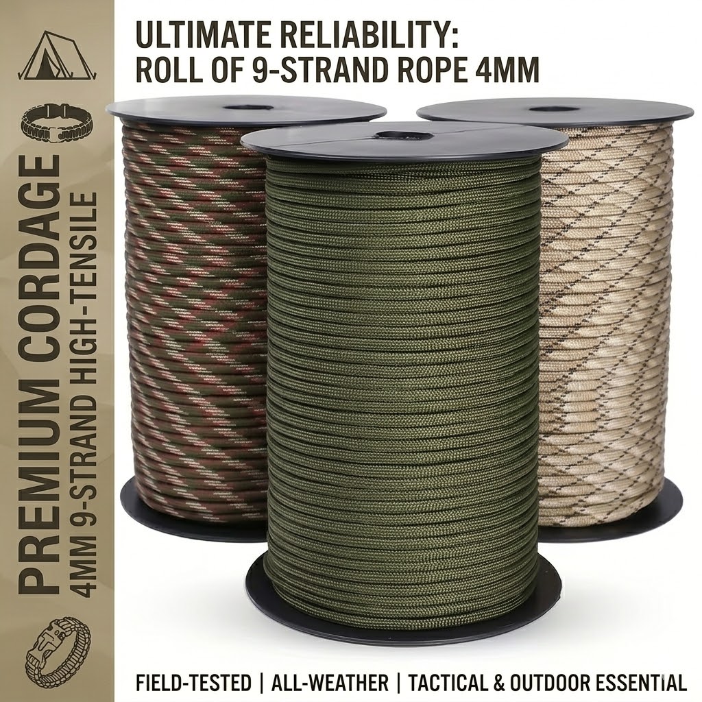 The Ultimate 164ft Roll of 9-Strand Rope 4mm: Heavy-Duty Utility Cord for Tents & Tarps 26 Three spools of premium utility cord, including solid olive green, woodland camouflage, and desert tan patterns, showcasing the variety available in this Roll of 9-Strand Rope 4mm.