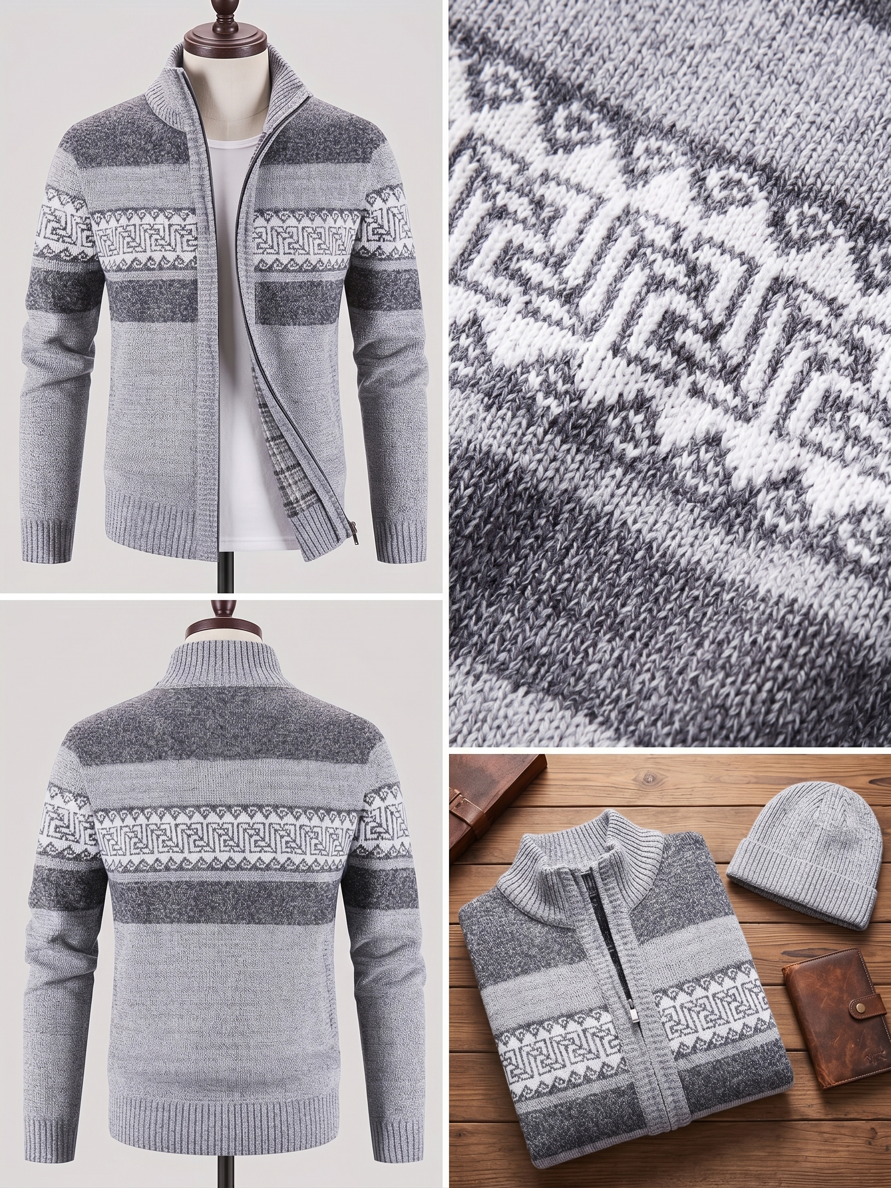 Men's Thermal Fleece-Lined Sport Knit Sweater with Pockets - Ethnic Wave Pattern, Stand Collar, Long Sleeve for Hiking, Cycling & Casual Winter Wear - Father’s Day Gift, Winter Knit Fabric 22 Front and back views of a Men's Sport Knit Sweater with Pockets in light grey on a mannequin, with detailed views of the ethnic knit pattern and a flat lay with a beanie.