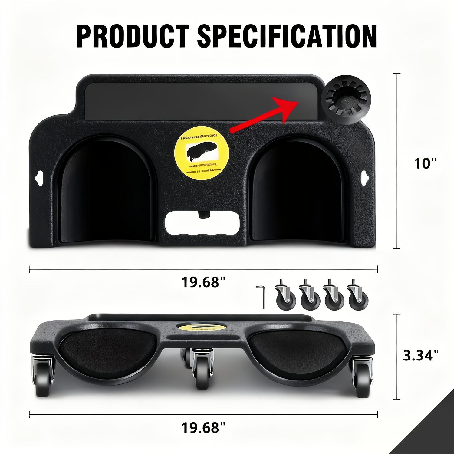 A Rolling Knee Board Platform with Wheels, Made of ABS Material, Featuring a Multifunctional Built-in Tool Tray and a Comfortable Cushion. Suitable for Mechanics, Carpenters, Flooring, and Automotive Repairs. Valentine's Day Gifts for Men 18 A two-panel product specification chart for a black, wheeled knee board, showing both a standing side view and a wheeled underside view, complete with dimension markings and an inset close-up.