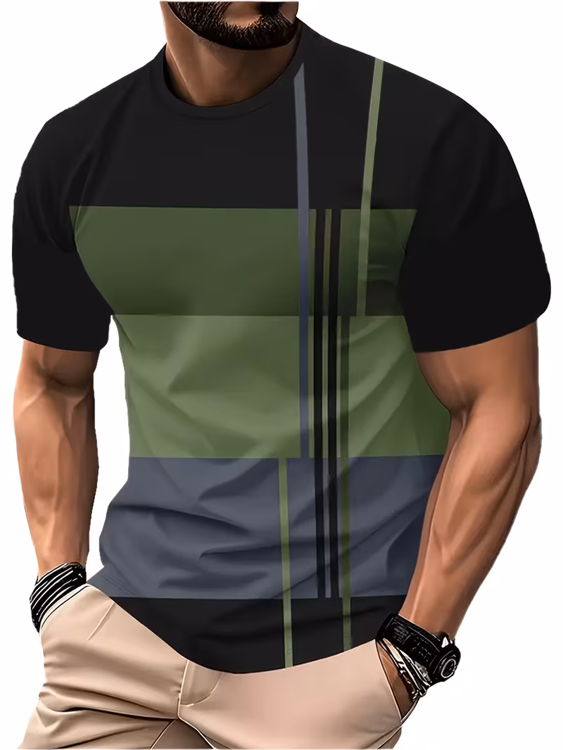 Trendy Men's T-Shirts 3pcs Men's Fashion Short-Sleeve T-Shirts | Color Block Design | Versatile Casual Round Neck Tops | Summer Comfortable Breathable Trendy Apparel 9 Close-up of a man wearing a black mixed color short-sleeve t-shirt with olive green, blue-gray geometric blocks, and vertical stripes.