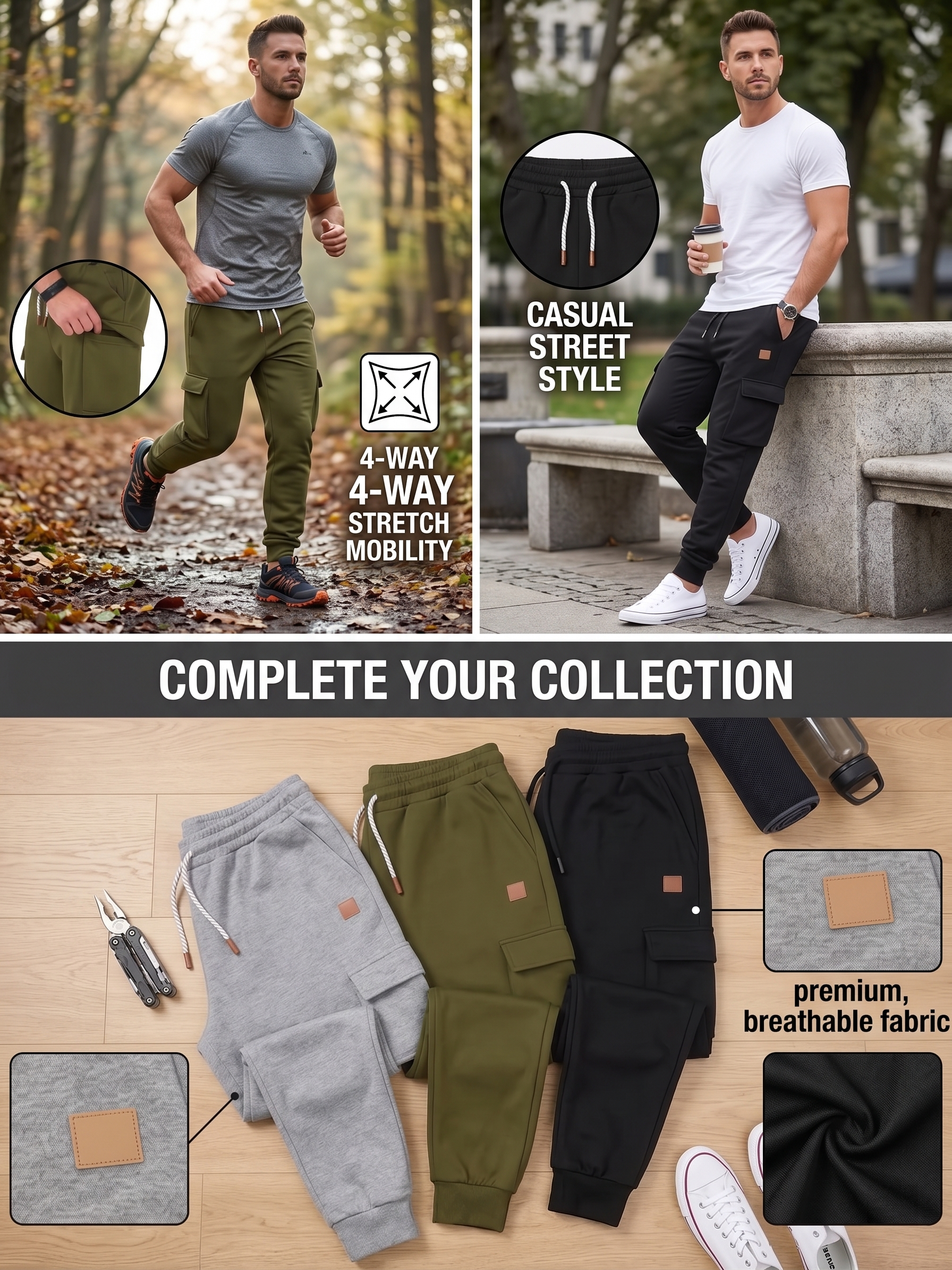 exclusive Men's Classic Tapered Joggers with Drawstring Waist - Casual Loose Fit, Stretch Fabric for Fall/Winter Workouts & Cycling, Jogging Outfit 20 Product infographic for mrali45rwqrdfe.jpg showing a man jogging in army green joggers and standing in black joggers alongside a flat lay of grey army green and black Tapered Joggers with Drawstring Waist