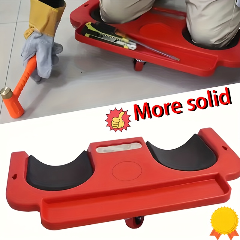 A Rolling Knee Board Platform with Wheels, Made of ABS Material, Featuring a Multifunctional Built-in Tool Tray and a Comfortable Cushion. Suitable for Mechanics, Carpenters, Flooring, and Automotive Repairs. Valentine's Day Gifts for Men 9 A two-panel comparison image of a Rolling Knee Board Platform with Wheels. The top panel shows a worker in gloves kneeling on a different device while working with a mallet and floor tiles. The bottom panel shows a close-up of the specific red Rolling Knee Board Platform with Wheels being advertised, which features contoured black foam knee pads, a built-in tool tray, and heavy-duty casters. Red text with a thumbs-up emoji in the center says "More solid".