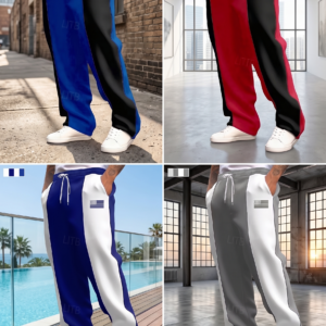 A 4-panel lifestyle catalog display of file mrali45t5tre.jpg demonstrating how these Blocked Casual Pants Feature a Stylish presence in different environments, featuring blue-black, red-black, blue-white, and gray-white variations.