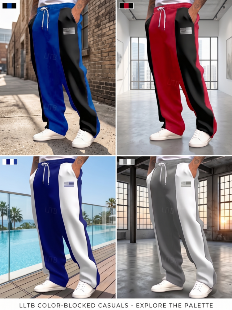A 4-panel lifestyle catalog display of file mrali45t5tre.jpg demonstrating how these Blocked Casual Pants Feature a Stylish presence in different environments, featuring blue-black, red-black, blue-white, and gray-white variations.