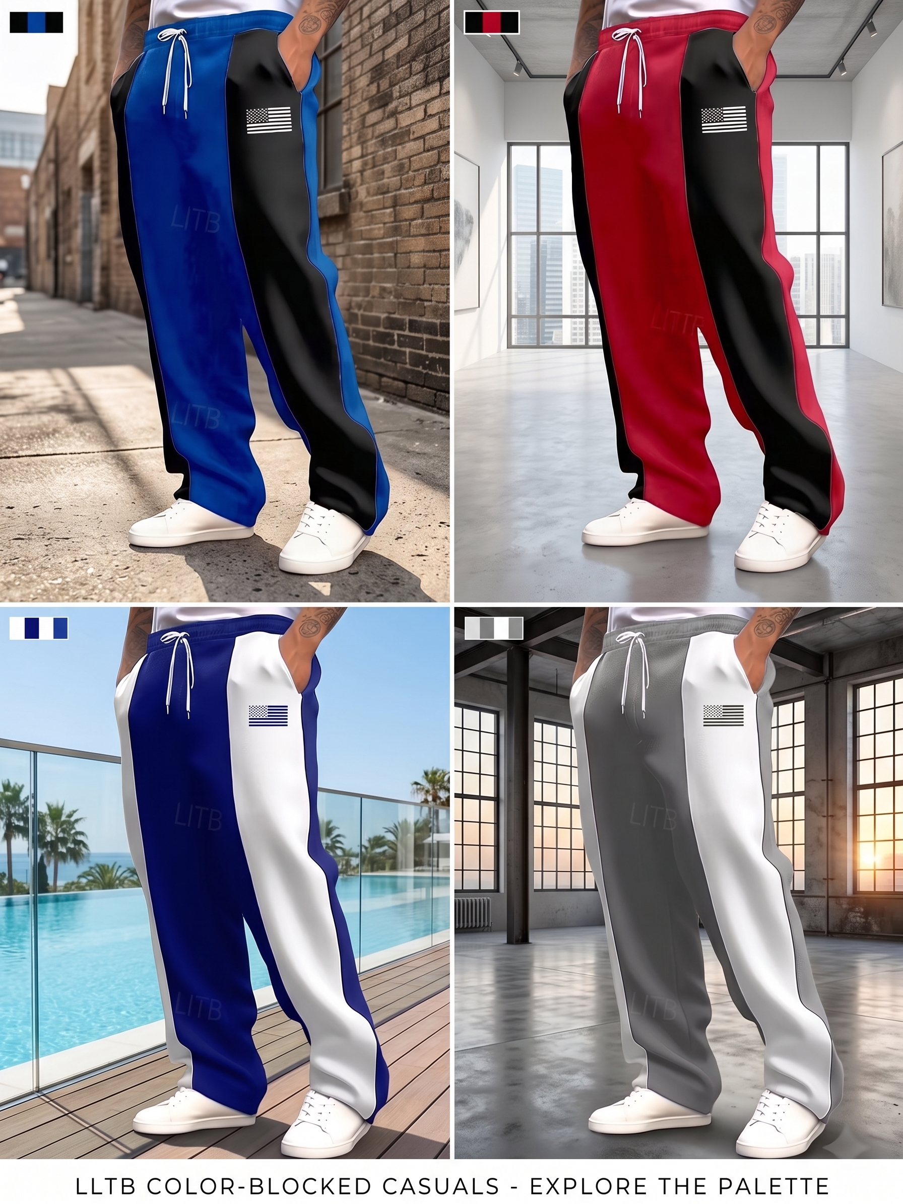 Men'S Color-Blocked Casual Pants Feature a Stylish Design with Comfortable And Structured Fabric. The Drawstring Waist Fits The Body Well, Making It Trendy And Eye-Catching. with a Loose Straight Cut 1 A 4-panel lifestyle catalog display of file mrali45t5tre.jpg demonstrating how these Blocked Casual Pants Feature a Stylish presence in different environments, featuring blue-black, red-black, blue-white, and gray-white variations.