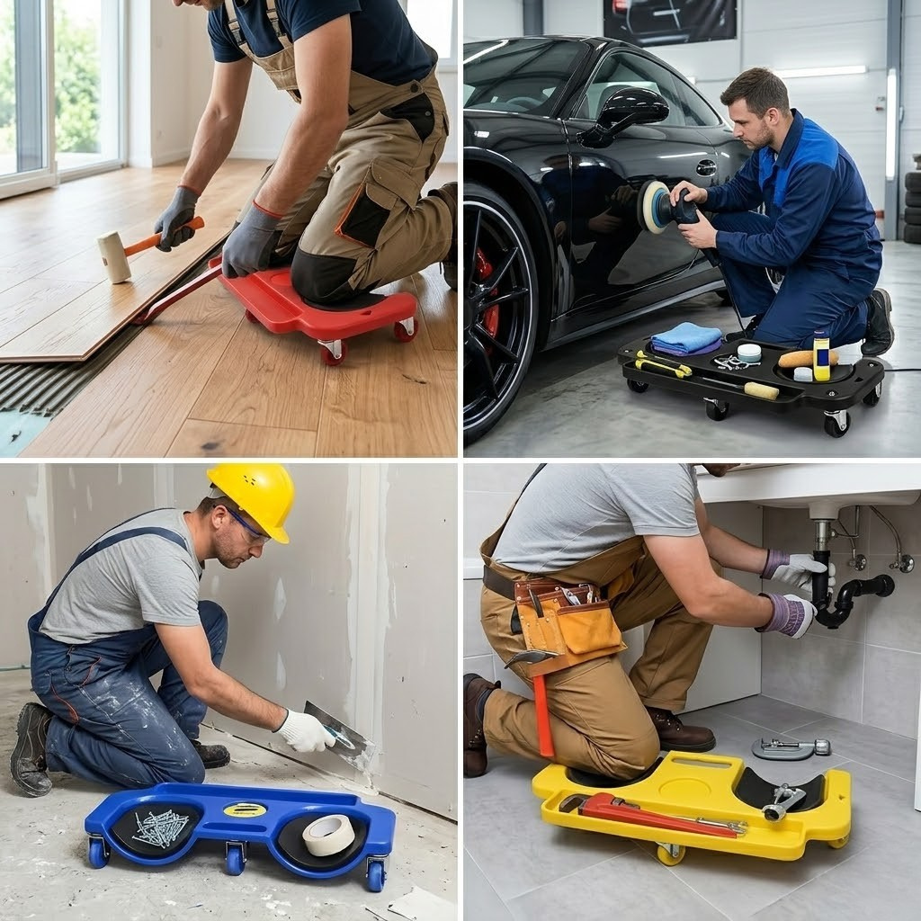 A Rolling Knee Board Platform with Wheels, Made of ABS Material, Featuring a Multifunctional Built-in Tool Tray and a Comfortable Cushion. Suitable for Mechanics, Carpenters, Flooring, and Automotive Repairs. Valentine's Day Gifts for Men 29 A four-panel image titled with mrali4trwaaa.png, demonstrating the versatile uses of a multi-color Rolling Knee Board Platform with Wheels. The top-left panel shows a carpenter in tan overalls installing laminate flooring. The top-right shows a mechanic in blue overalls detailing a black car with a polisher.