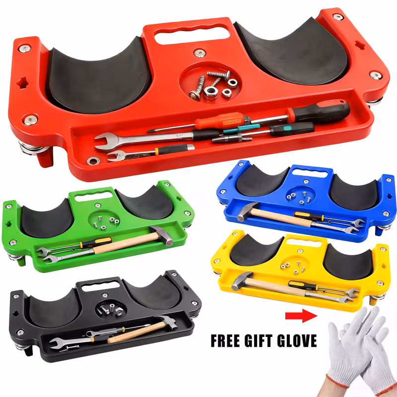 A Rolling Knee Board Platform with Wheels, Made of ABS Material, Featuring a Multifunctional Built-in Tool Tray and a Comfortable Cushion. Suitable for Mechanics, Carpenters, Flooring, and Automotive Repairs. Valentine's Day Gifts for Men 31 A group product photo on a white background showing the Rolling Knee Board Platform with Wheels in four different colors: red, green, blue, yellow, and black. Each multi-compartment kneeling creeper has smooth-rolling casters and is shown holding various tools like wrenches, screwdrivers, hammers, and scattered nuts and bolts. The red one is featured at the top, followed by green, blue, yellow, and black below it. A separate pair of white work gloves is shown at the bottom right with a red arrow pointing to them and text that reads "FREE GIFT GLOVE".