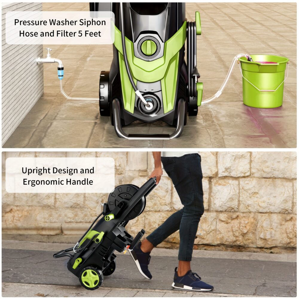 Advanced 4500 PSI Electric Pressure Power Washer featuring High-Compliance Quick-Connect Logic for Professional Car, Fence, and Patio Maintenance 3 A dual-pane professional image showcasing a lime green and black Electric Pressure Power Washer. The top pane illustrates the 5-foot siphon hose drawing water from a bucket and a tap. The bottom pane shows a person utilizing the ergonomic handle and upright design to transport the unit on a stone walkway.