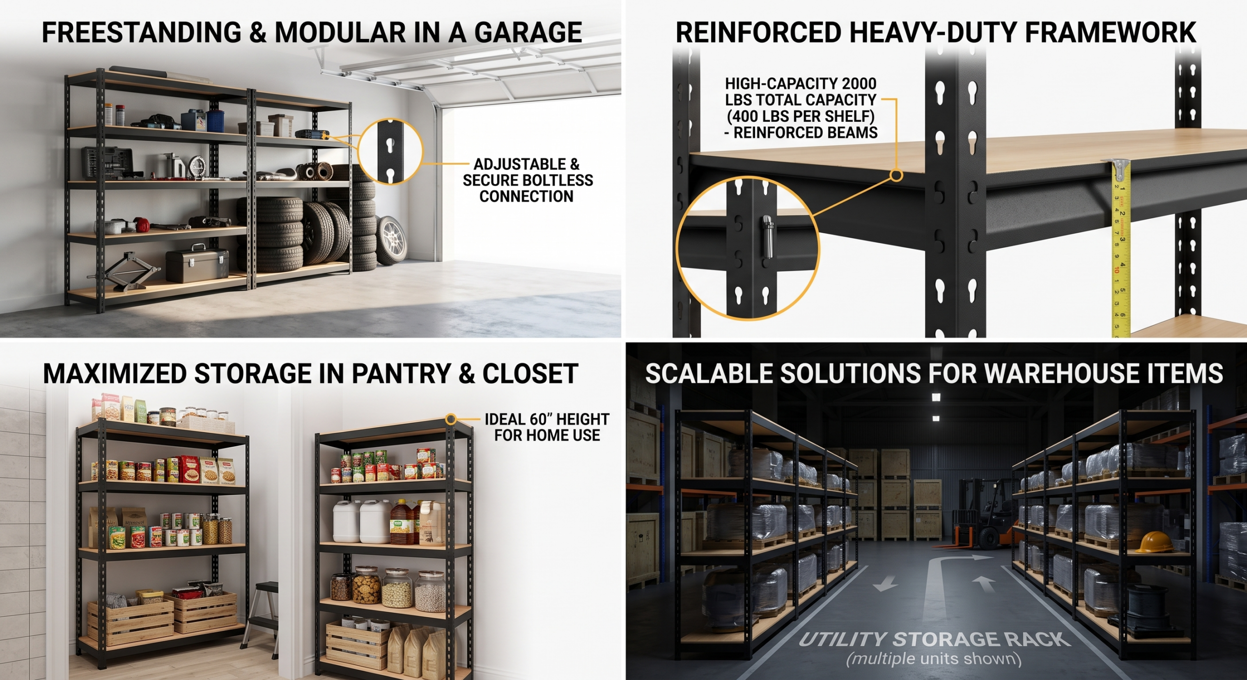 practical Heavy Duty 5 Tier 2000Lbs Metal Shelving Units | 60"H Freestanding Matte Adjustable Shelving For Garage, Basement, Pantry, Closet | Utility Storage Rack For Warehouse Items, Utility Shelves 9 A collage emphasizing the strength and modularity of the 5 Tier 2000Lbs Metal Shelving Units, featuring reinforced beams for 400 lbs per shelf, garage use, pantry maximization, and warehouse scalability.