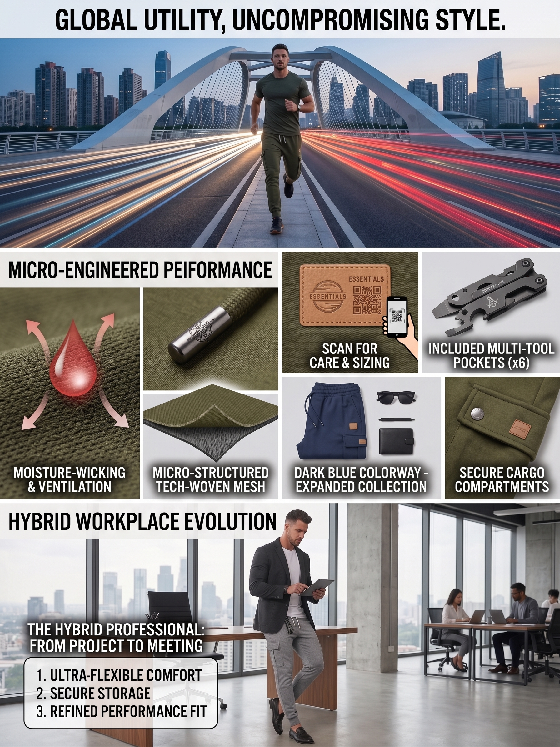 exclusive Men's Classic Tapered Joggers with Drawstring Waist - Casual Loose Fit, Stretch Fabric for Fall/Winter Workouts & Cycling, Jogging Outfit 21 Infographic showing men wearing Tapered Joggers with Drawstring Waist in grey and army green during a city run and in a hybrid office setting, alongside tech fabric highlights.