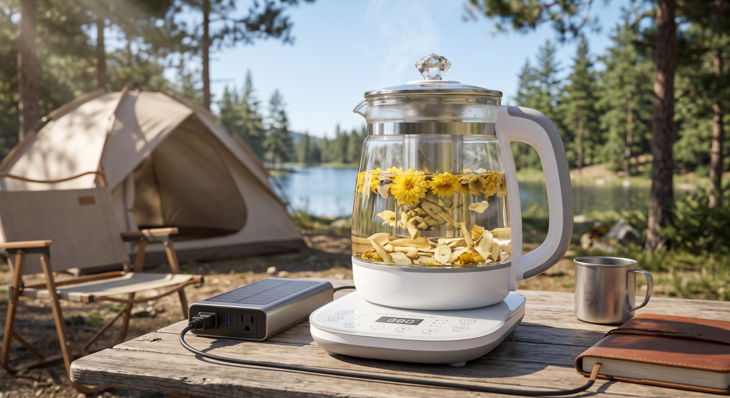 Yalulu Electric Kettle 1.8L/60.87oz Health Pot, Essential for Camping; Tea Set with 18 Smart Functions, 800W Thickened Glass Kettle, Detachable Filter, Multi-functional Medical Health Pot, Power Operation, 110-130V, US Plug 5 A scenic outdoor photograph of the Electric Kettle 1.8L/60.87oz on a rustic wooden picnic table in a forest. In the background are a tent, trees, and a lake with mountains under a bright, sunny sky. The kettle is transparent, steaming, and filled with water and flowers, connected to a small portable power station which is itself plugged into a portable solar panel. A notebook, metal cup, and snacks are also on the table.