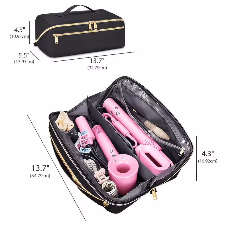 3-in-1 Clutch Bag Hot Hair Tools Travel Bag – Large Capacity Wide-Open Hair Accessory Case & Professional Heat-Safe Styling Mat 7 A closed black Clutch Bag Hot Hair Tools Travel Bag with gold zippers is shown next to an open view revealing pink hair styling tools and accessories. Dimension lines indicate the bag measures 13.7 inches (34.79cm) long, 5.5 inches (13.97cm) wide, and 4.3 inches (10.92cm) high.