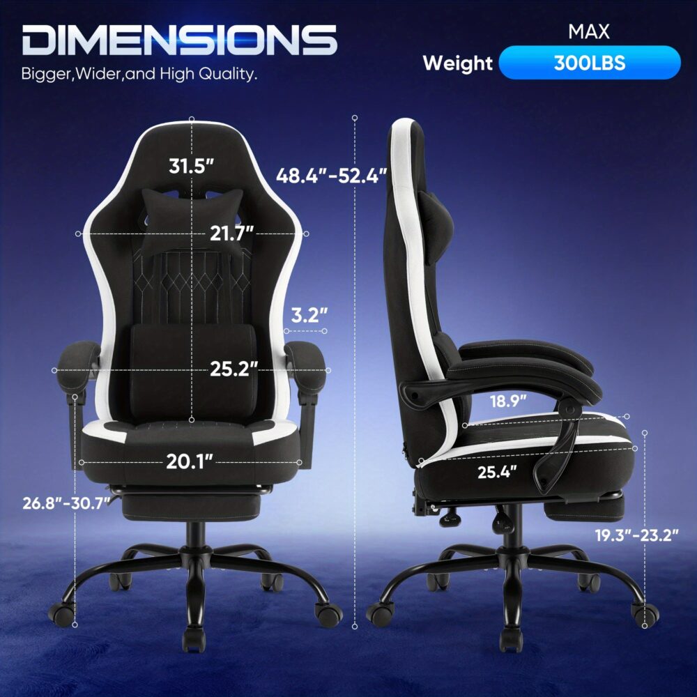 exclusive Computer Game Chair Office Chair with Foot and Lumbar Support, Height Adjustable Work Chair, Headrests, Armrests, and Rollers 14 A detailed dimensions infographic for a black and white Computer Game Chair Office Chair showing front and side views with specific measurements, including a $31.5\text{"}$ backrest height and an adjustable overall height of $48.4\text{"}$ to $52.4\text{"}$.