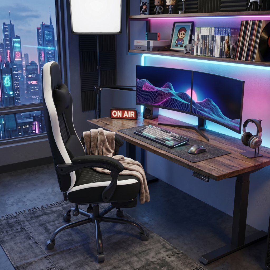 exclusive Computer Game Chair Office Chair with Foot and Lumbar Support, Height Adjustable Work Chair, Headrests, Armrests, and Rollers 15 A black and white Computer Game Chair Office Chair is positioned at a modern wooden standing desk in a professional streaming room with neon lighting, dual monitors, and a city skyline view at dusk.