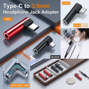 A comprehensive product infographic for a right-angle Type-C to 3.5mm Headphone Jack Adapter, presented as a collage. The large main section displays a red and a black adapter on floating geometric platforms. Smaller panels include: a top-right view of a single black adapter with "1 PCS" labels; a side panel showing a woman using the adapter with white wired earphones; a bottom-left transparent view revealing the internal circuitry with "DAC" text and a "WITH DAC CHIP" label; and a bottom-right panel showcasing a wooden display tray with multiple adapters next to a US quarter coin for scale. Text at the top reads, "Type-C to 3.5mm Headphone Jack Adapter".