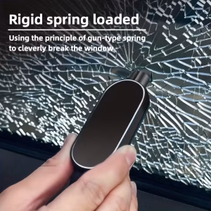 A professional technical visualization demonstrating the Hammer Glass Breaker Car tool in an active operational state. A user’s hand applies the gun-type spring-loaded tip to a vehicle side window, causing immediate multi-axis fracturing across the glass substrate to facilitate exit.