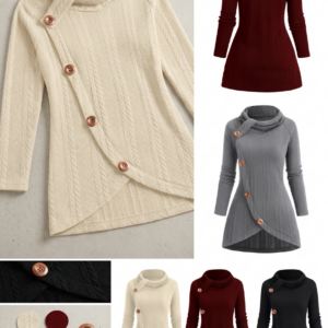 Main Collage: A comprehensive product collage showcasing the decorative buttoned long sleeve top in beige, deep red, gray, and black, including front and rear views. Beige Flat Lay: A top-down view of the beige decorative buttoned top highlighting the asymmetrical hem and wood-textured buttons. Color Palette Detail: Close-up swatches of the cable knit fabric in cream, wine red, charcoal gray, and jet black alongside a signature wooden button. Black Hem Detail: Macro shot of the asymmetrical buttoned hem on the black textured fabric.