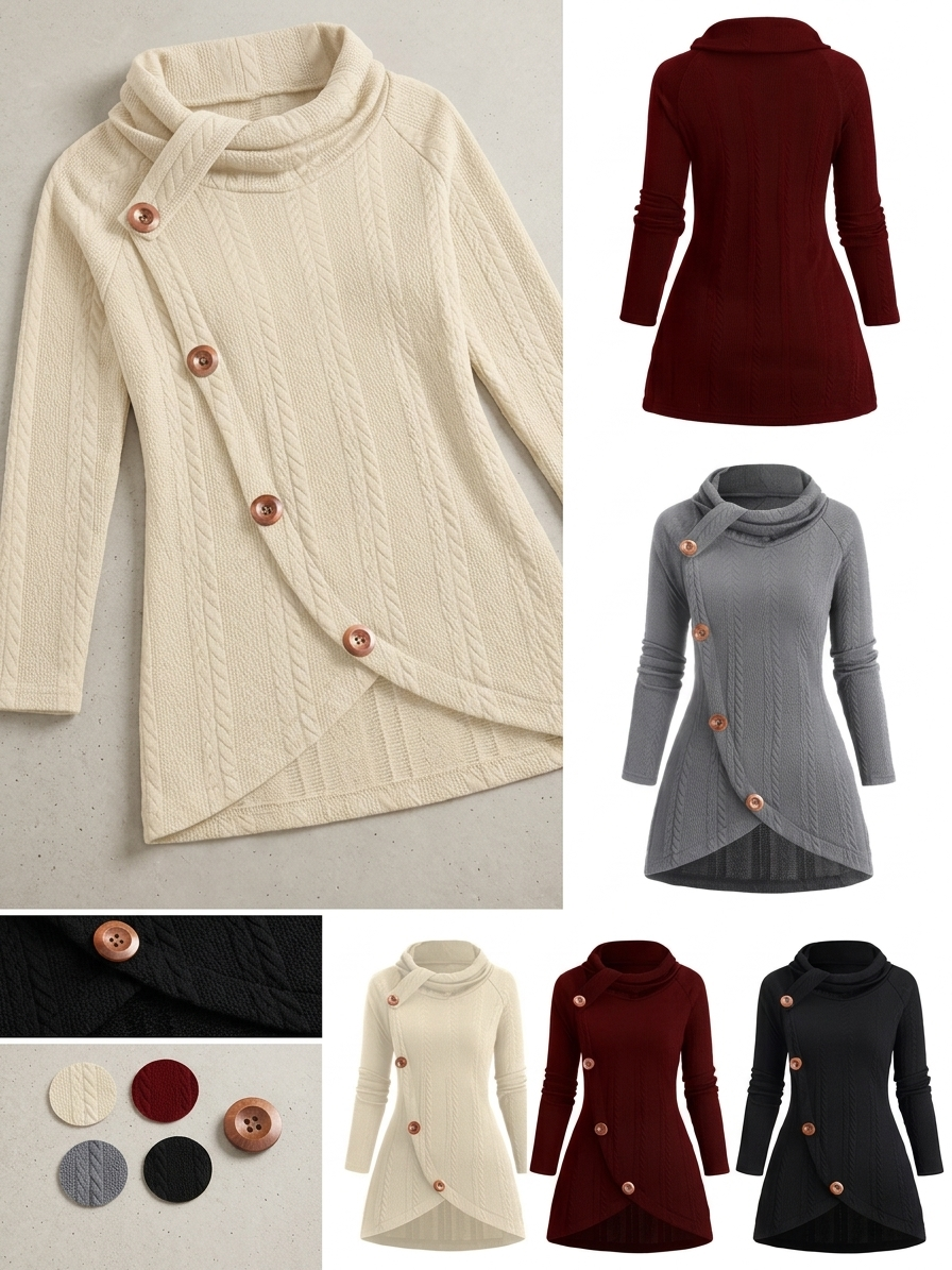 useful Sophisticated Decorative Buttoned Long Sleeve Top | Modern High Neck Knit for Business Casual 1 Main Collage: A comprehensive product collage showcasing the decorative buttoned long sleeve top in beige, deep red, gray, and black, including front and rear views. Beige Flat Lay: A top-down view of the beige decorative buttoned top highlighting the asymmetrical hem and wood-textured buttons. Color Palette Detail: Close-up swatches of the cable knit fabric in cream, wine red, charcoal gray, and jet black alongside a signature wooden button. Black Hem Detail: Macro shot of the asymmetrical buttoned hem on the black textured fabric.