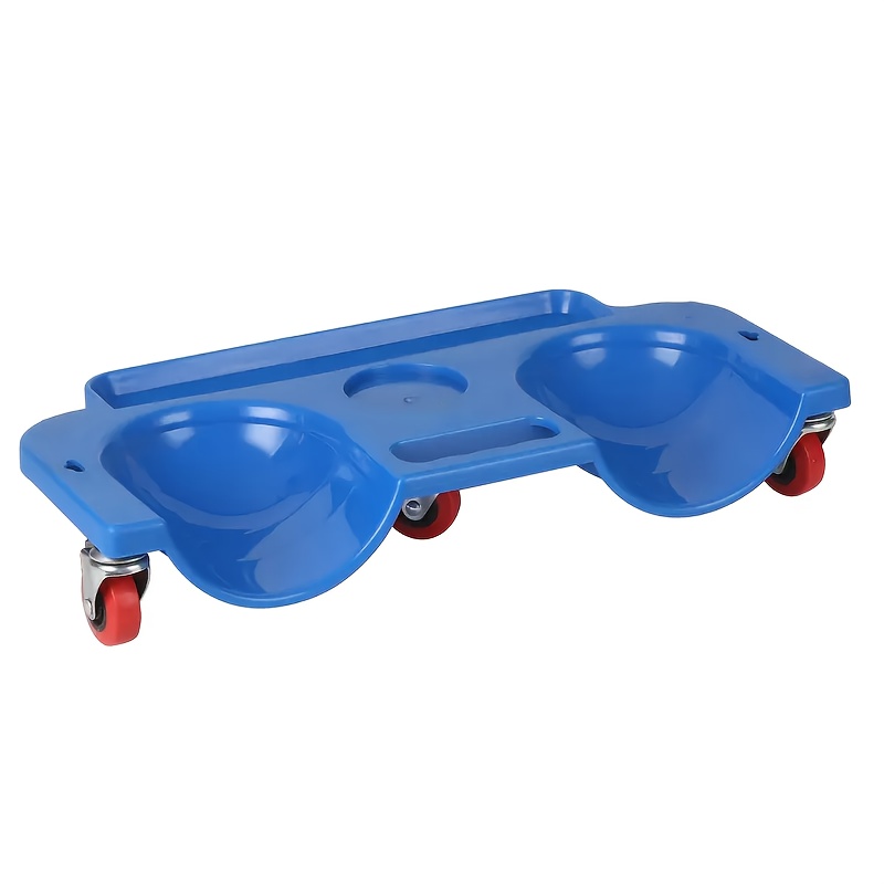 A Rolling Knee Board Platform with Wheels, Made of ABS Material, Featuring a Multifunctional Built-in Tool Tray and a Comfortable Cushion. Suitable for Mechanics, Carpenters, Flooring, and Automotive Repairs. Valentine's Day Gifts for Men 10 A close-up photograph of a bright blue Rolling Knee Board Platform with Wheels on a plain white background. This specialized mobile kneeler creeper is designed with two deep, contoured knee wells that feature soft, padded inserts for extreme comfort. It has four rugged, smooth-rolling swivel caster wheels (two visible) with red tread, allowing 360-degree mobility. The heavy-duty platform includes a large, built-in tool tray at the front for storing wrenches and screws, and a central circular holder for parts or small items. The durable plastic construction is made to withstand heavy use in mechanics and construction.