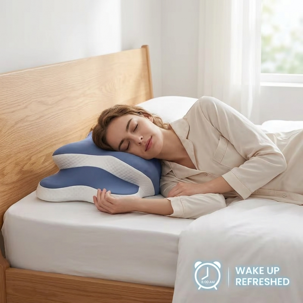 A smiling woman sleeping soundly on her side in a bed, her head and neck properly supported by a blue and white Contour Neck Pillow Designed for Side Sleepers. The background is a cozy bedroom with a wooden headboard, and an icon with an alarm clock and the text "WAKE UP REFRESHED" is in the corner.