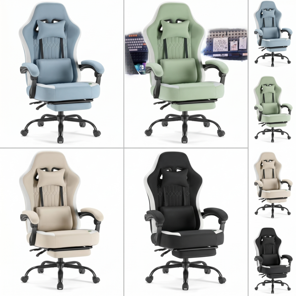 exclusive Computer Game Chair Office Chair with Foot and Lumbar Support, Height Adjustable Work Chair, Headrests, Armrests, and Rollers 19 A four-panel product display showcasing the Computer Game Chair Office Chair in blue, light green, desert khaki, and black/white. Each chair features a high backrest, adjustable headrest and lumbar pillows, and a retractable footrest, with additional thumbnail views of each color on the right side.