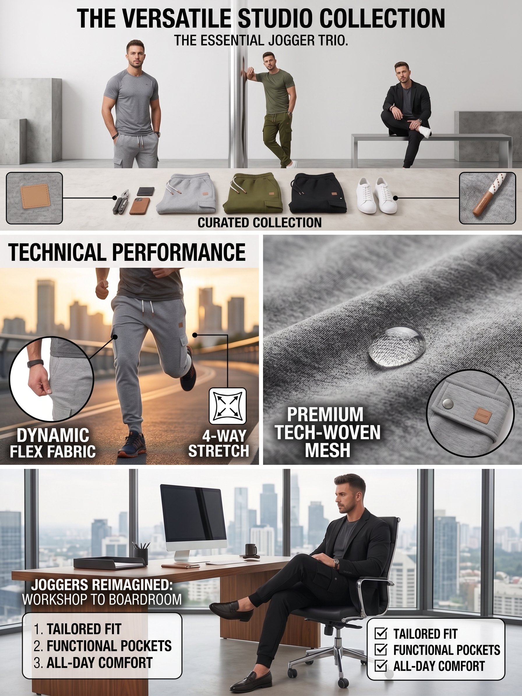 exclusive Men's Classic Tapered Joggers with Drawstring Waist - Casual Loose Fit, Stretch Fabric for Fall/Winter Workouts & Cycling, Jogging Outfit 22 Product performance infographic for mrali5654trewr.jpg showing a man wearing Tapered Joggers with Drawstring Waist in studio settings running outdoors and sitting in a professional corporate office