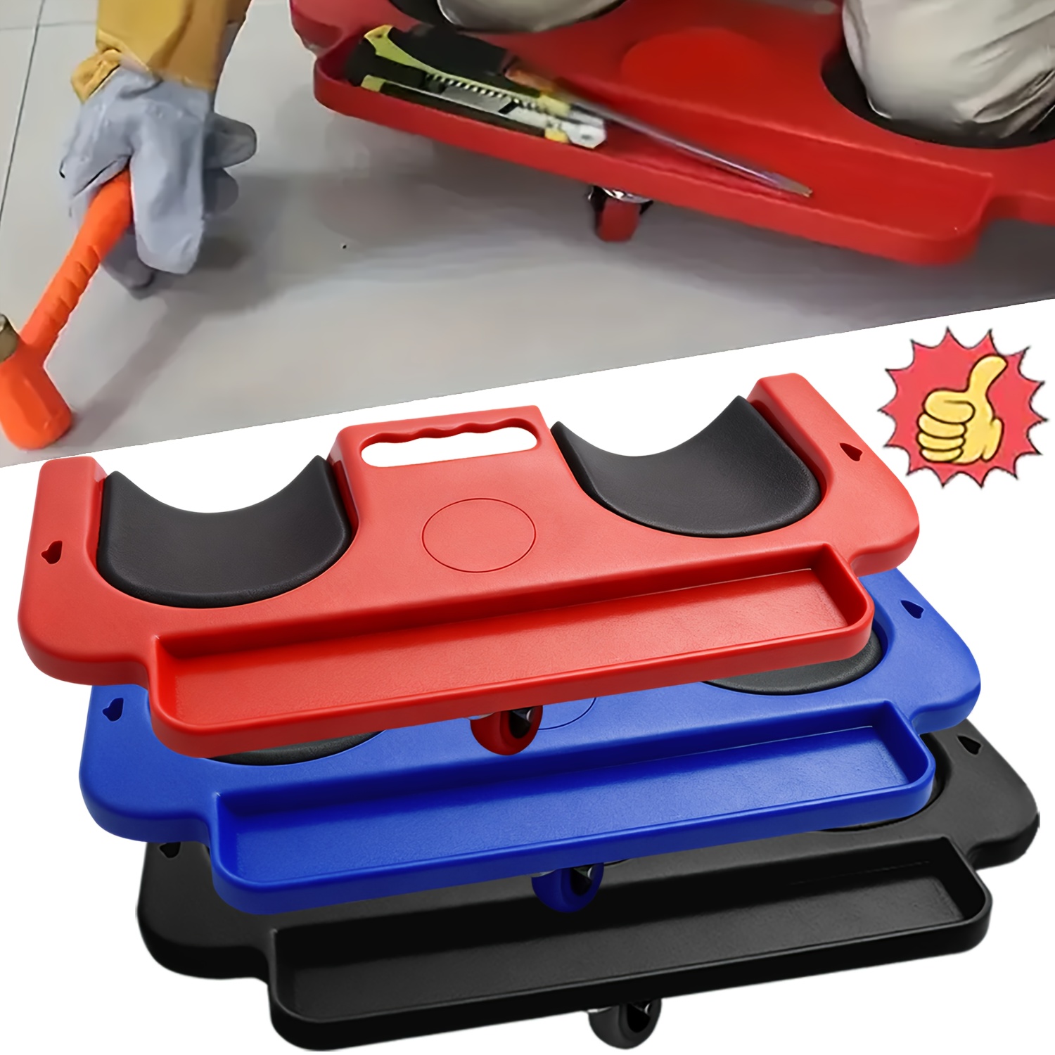 A Rolling Knee Board Platform with Wheels, Made of ABS Material, Featuring a Multifunctional Built-in Tool Tray and a Comfortable Cushion. Suitable for Mechanics, Carpenters, Flooring, and Automotive Repairs. Valentine's Day Gifts for Men 22 A stacked view of three Rolling Knee Board Platforms with Wheels in red, blue, and black colors, showing their ergonomic black padding and front tool trays. Above them, an inset image shows a person using the red platform to kneel on a tiled floor while holding an orange mallet, and a thumbs-up icon is on the right.